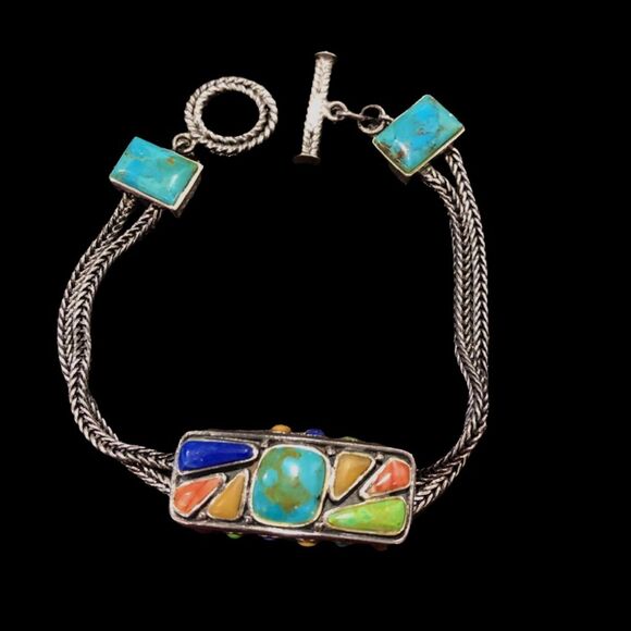 BARSE Sterling Silver Turquoise Coral Lapis Cabochon Thai Weave Toggle Bracelet - Picture 4 of 15